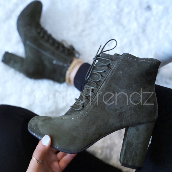 Vegan Suede Olive Lace Up Ankle Booties - Picture 1 of 5